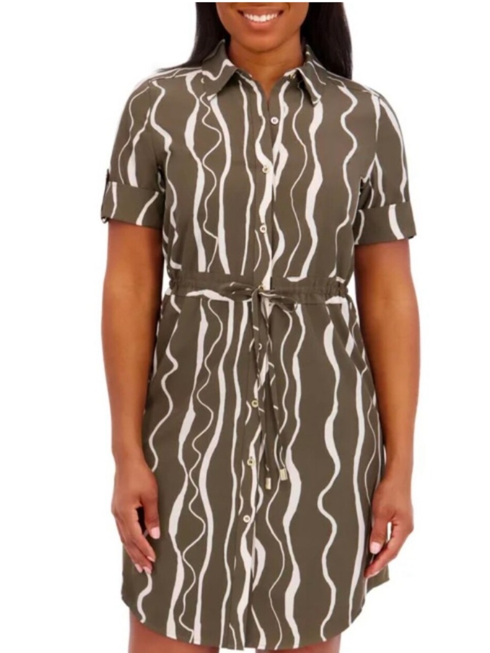 H by Halston Olive and White Wavy Stripe Shirt Dress